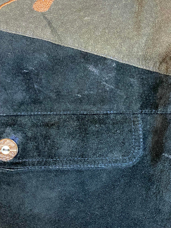 Trachtenweste Leder grün dunkelblau Vintage mit Stickerei Motiv, Ansicht 6