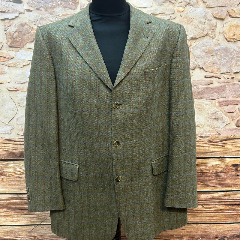 Moosgrünes Westbury Herren-Tweed-Sakko mit rot-blauem Fensterkaro