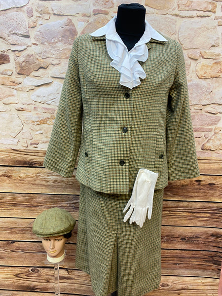 Vintage Damen Tweed-Kostüm im Stil der 20er Jahre, Größe 44, Jacke, Rock, Vintage Bluse, Handschuhe und Schiebermütze, gün kariert im 20er Jahre Peaky Blinders Stil.