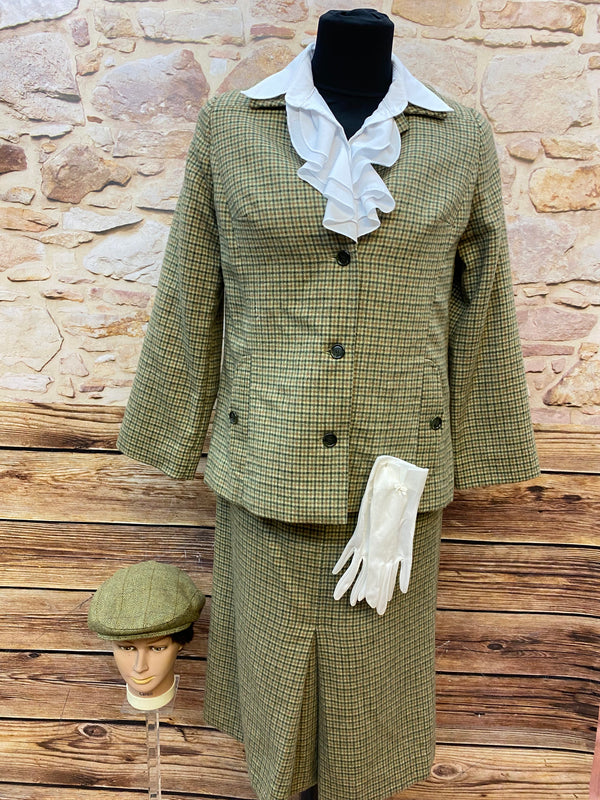 Vintage Damen Tweed-Kostüm im Stil der 20er Jahre, Größe 44, Jacke, Rock, Vintage Bluse, Handschuhe und Schiebermütze, gün kariert im 20er Jahre Peaky Blinders Stil.