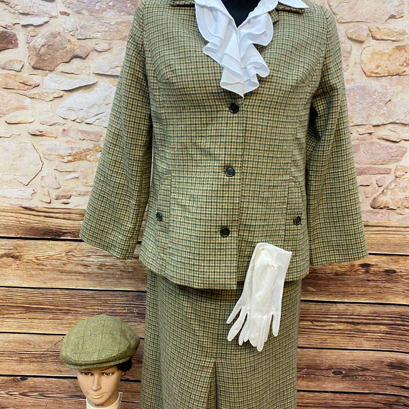 Vintage Damen Tweed-Kostüm im Stil der 20er Jahre, Größe 44, Jacke, Rock, Vintage Bluse, Handschuhe und Schiebermütze, gün kariert im 20er Jahre Peaky Blinders Stil.