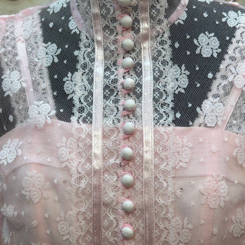 Rosafarbenes Spitzenkleid + Bolero, 70er-Romantik, Unikat