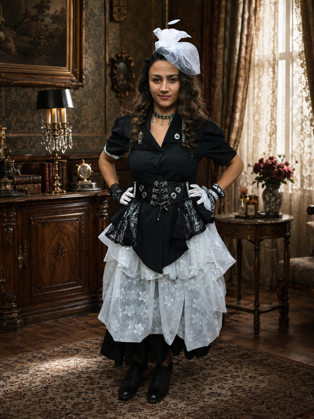 KI-generiertes Bild einer Dame im schwarz-weißen viktorianischen Steampunk-Outfit vor elegantem Hintergrund.