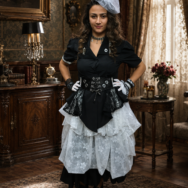 KI-generiertes Bild einer Dame im schwarz-weißen viktorianischen Steampunk-Outfit vor elegantem Hintergrund.