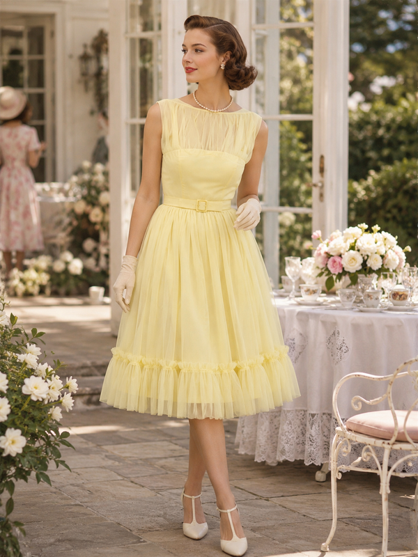 „Elegantes 50er Jahre Kleid in Gelb mit Faltenrock als seltenes Vintage Einzelstück“