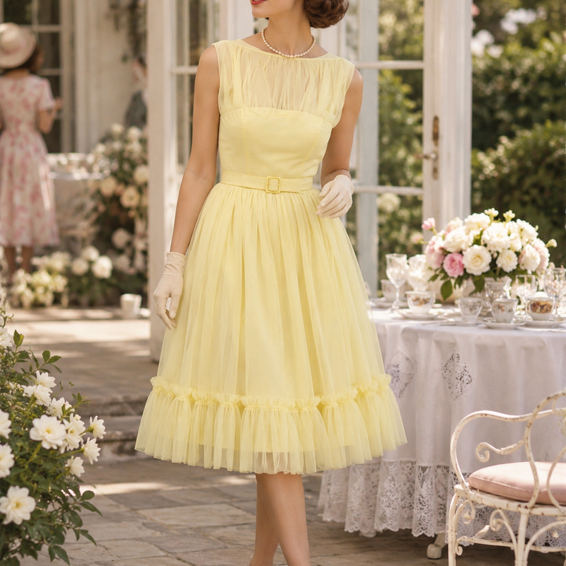 „Elegantes 50er Jahre Kleid in Gelb mit Faltenrock als seltenes Vintage Einzelstück“