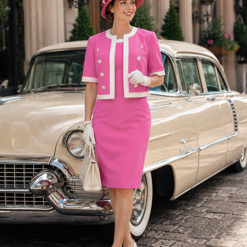 Vintage Damenkostüm in Pink mit Jacke, Hut und Handschuhen Gr. 40/42