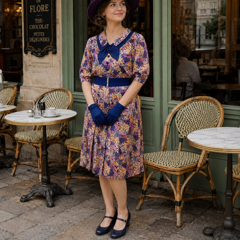 „Vintage 1970er Jahre Kleid Größe 42 mit floralem Muster, Hut, Gürtel und blauen Handschuhen“