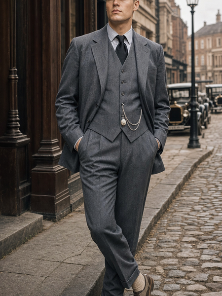 20er Jahre Herren Outfit in Grau mit Sakko, Weste, Krawatte, Schiebermütze und Taschenuhrkette an realem Model in historischer Umgebung