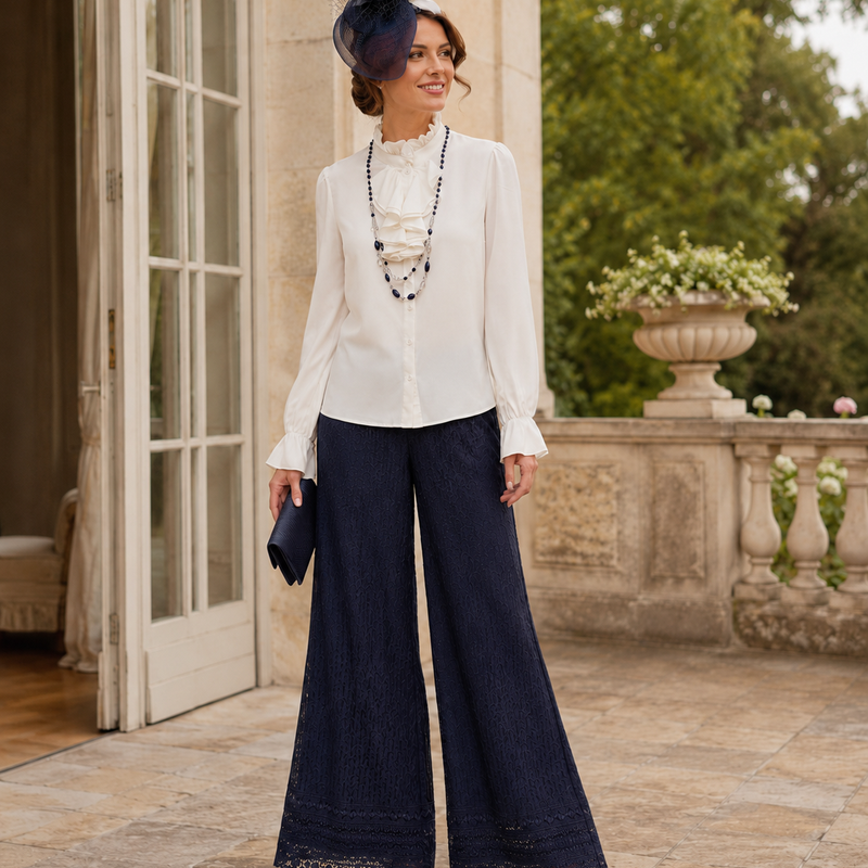 20er Jahre Damen Outfit Gr. 42 mit Marlenehose, Rüschenbluse und Fascinator