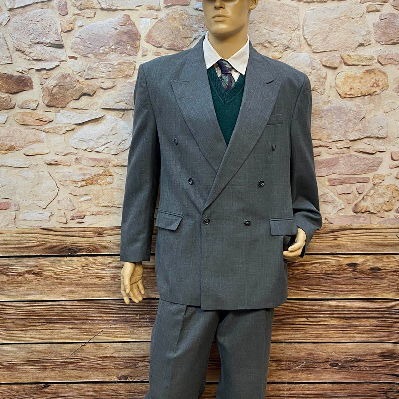 Vintage Doppelreiher-Outfit grau Größe 54 mit Pullunder und Schiebermütze