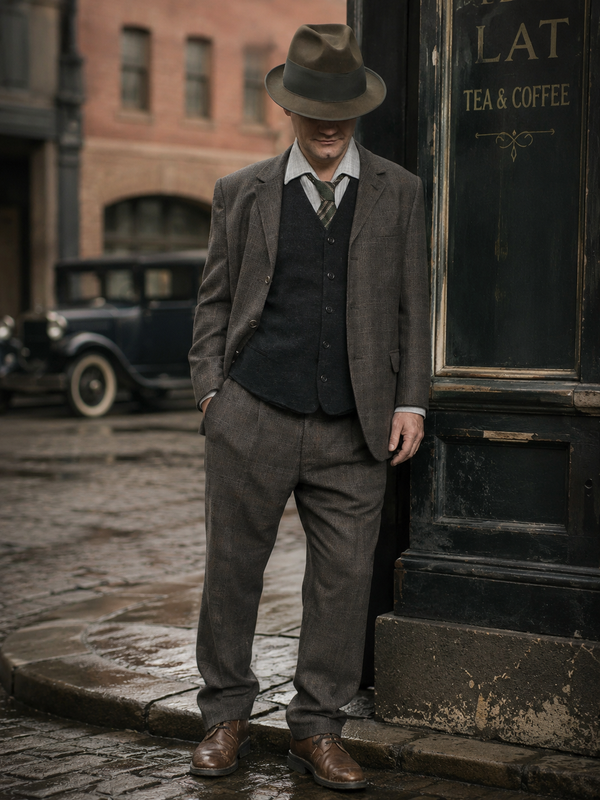 „Braunes Vintage Herren Outfit im 20er Jahre Stil mit kariertem Sakko und passender Hose“