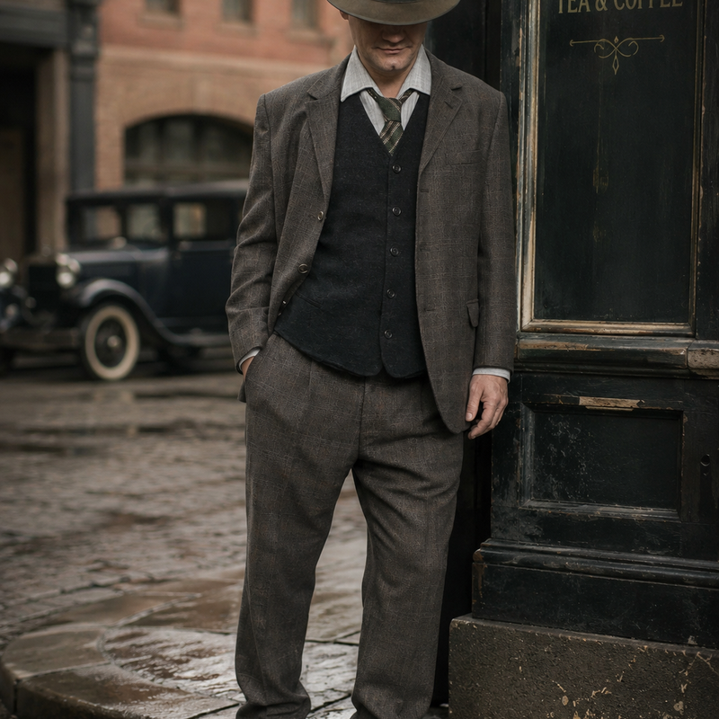 „Braunes Vintage Herren Outfit im 20er Jahre Stil mit kariertem Sakko und passender Hose“
