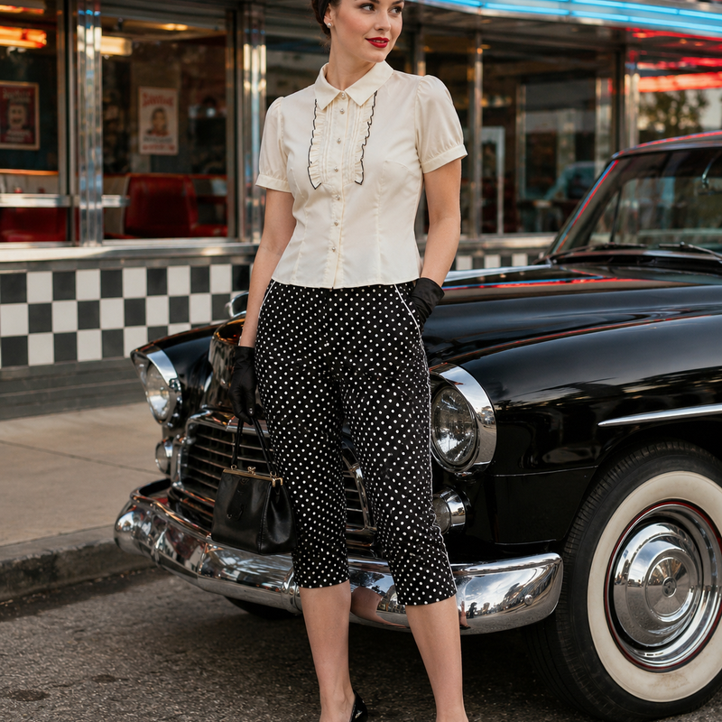 „Tragebeispiel 50er Jahre Damen Outfit mit gepunkteter Caprihose, cremeweißer Bluse, Haarband und Oldtimer“
