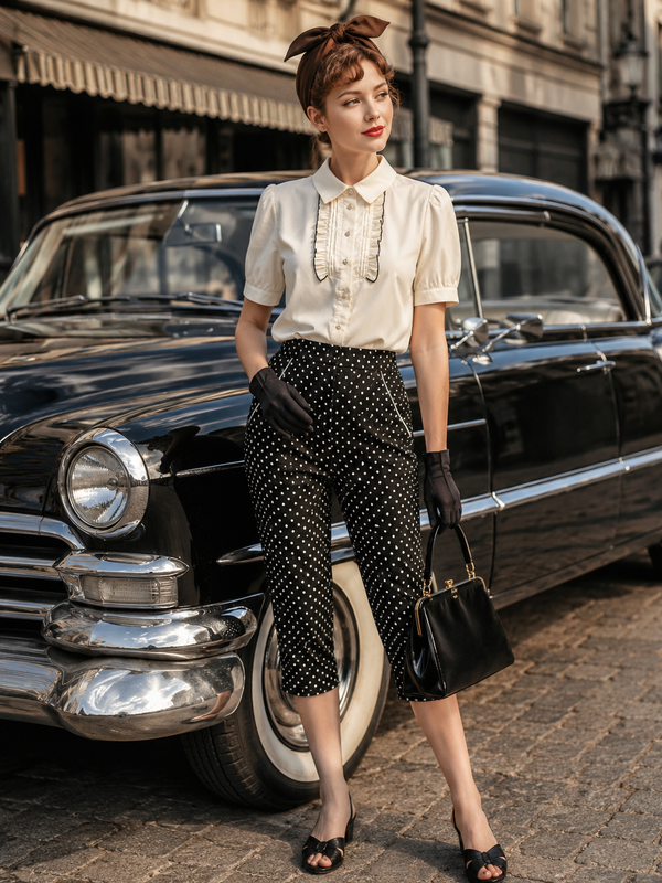 „Tragebeispiel 50er Jahre Damen Rockybilly Outfit mit gepunkteter Caprihose, cremeweißer Bluse, Haarband und Oldtimer“