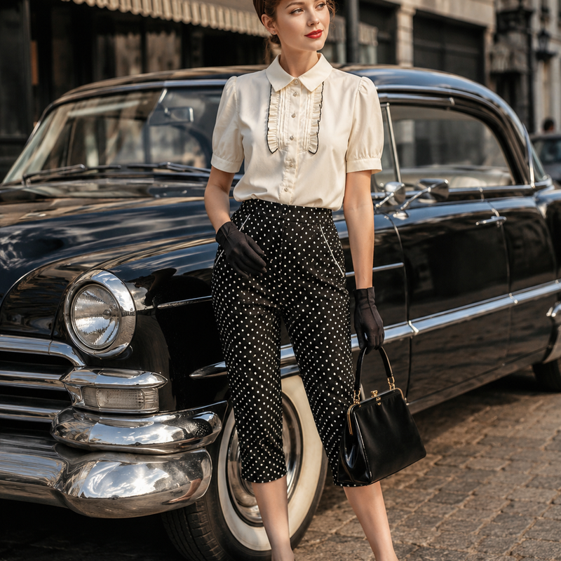„Tragebeispiel 50er Jahre Damen Rockybilly Outfit mit gepunkteter Caprihose, cremeweißer Bluse, Haarband und Oldtimer“