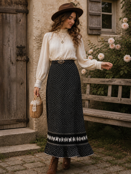„Vintage 70er Boho Maxirock schwarz weiß mit Blümchenprint am Model im romantischen Prairie Look mit cremefarbener Bluse und Hut“