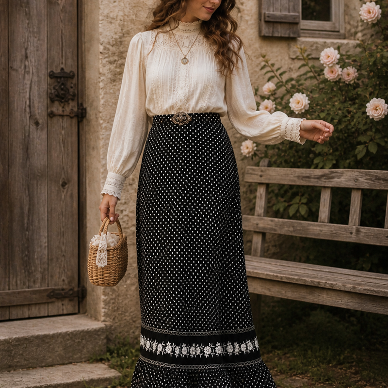 „Vintage 70er Boho Maxirock schwarz weiß mit Blümchenprint am Model im romantischen Prairie Look mit cremefarbener Bluse und Hut“