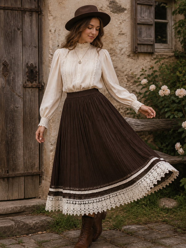 „Vintage 70er Boho Rock in Braun mit Spitze auf Model kombiniert mit cremefarbener Stehkragenbluse und Hut in rustikaler Umgebung“