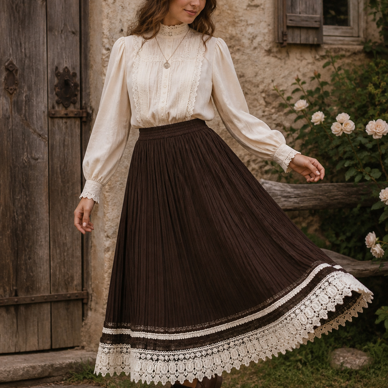 „Vintage 70er Boho Rock in Braun mit Spitze auf Model kombiniert mit cremefarbener Stehkragenbluse und Hut in rustikaler Umgebung“