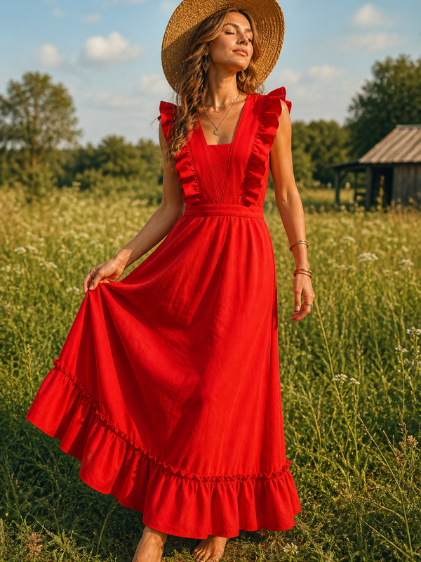 „Rotes Vintage Kleid 70er Jahre im Boho Stil an Model mit Strohhut auf sommerlicher Wiese“