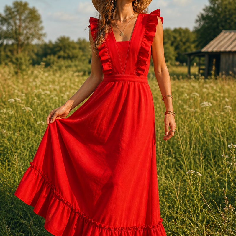„Rotes Vintage Kleid 70er Jahre im Boho Stil an Model mit Strohhut auf sommerlicher Wiese“