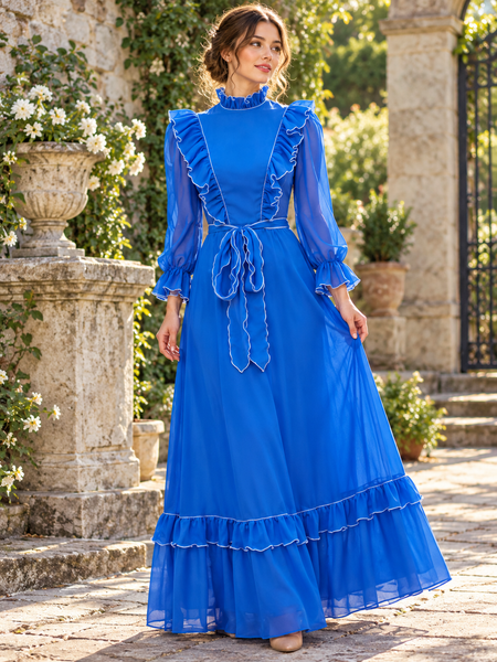 Langes blaues Vintage Abendkleid mit transparenten Ärmeln, Rüschenbesatz, Stehkragen und Bindegürtel