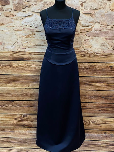 „Vintage Abendkleid dunkelblau lang mit Perlenstickerei elegant“