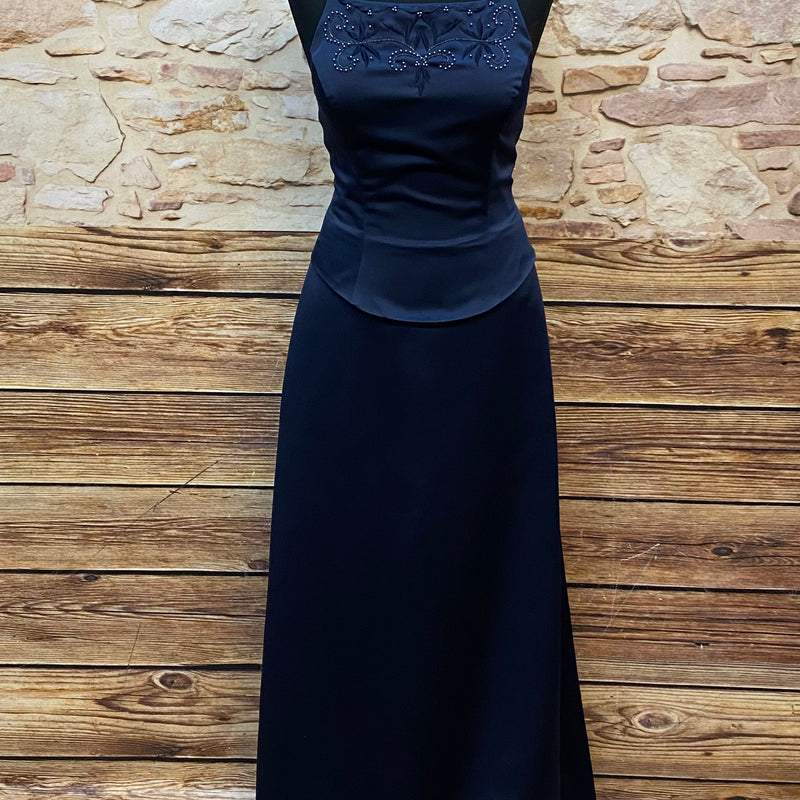 „Vintage Abendkleid dunkelblau lang mit Perlenstickerei elegant“