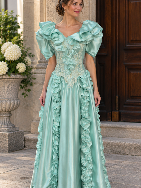 Langes Vintage Abendkleid Größe 42 in Mintgrün mit üppigen Rüschen und floralen Spitzenapplikationen