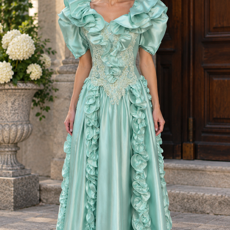 Langes Vintage Abendkleid Größe 42 in Mintgrün mit üppigen Rüschen und floralen Spitzenapplikationen