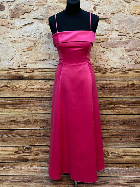 „Vintage pinkes Satin Abendkleid lang mit Spaghettiträgern elegant“