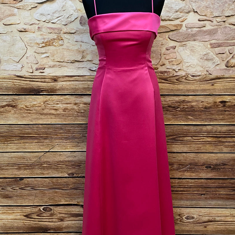 „Vintage pinkes Satin Abendkleid lang mit Spaghettiträgern elegant“