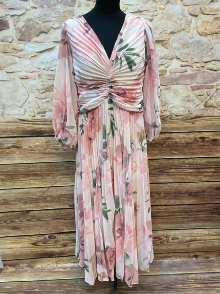 „Vintage Abendkleid Damen rosé floral lang mit Plissee und Chiffon“