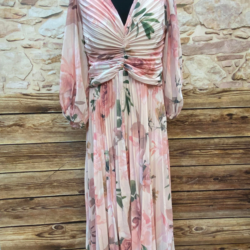 „Vintage Abendkleid Damen rosé floral lang mit Plissee und Chiffon“