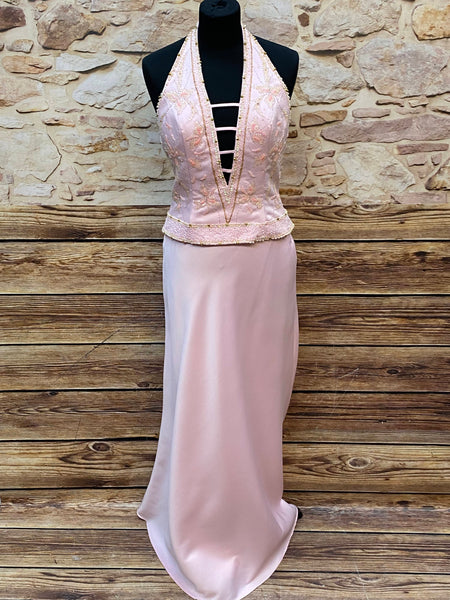 „Vintage Abendkleid rosé lang mit Perlenstickerei und Halterneck“