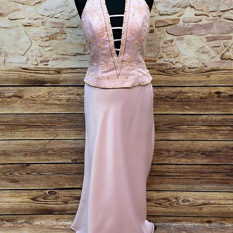 „Vintage Abendkleid rosé lang mit Perlenstickerei und Halterneck“