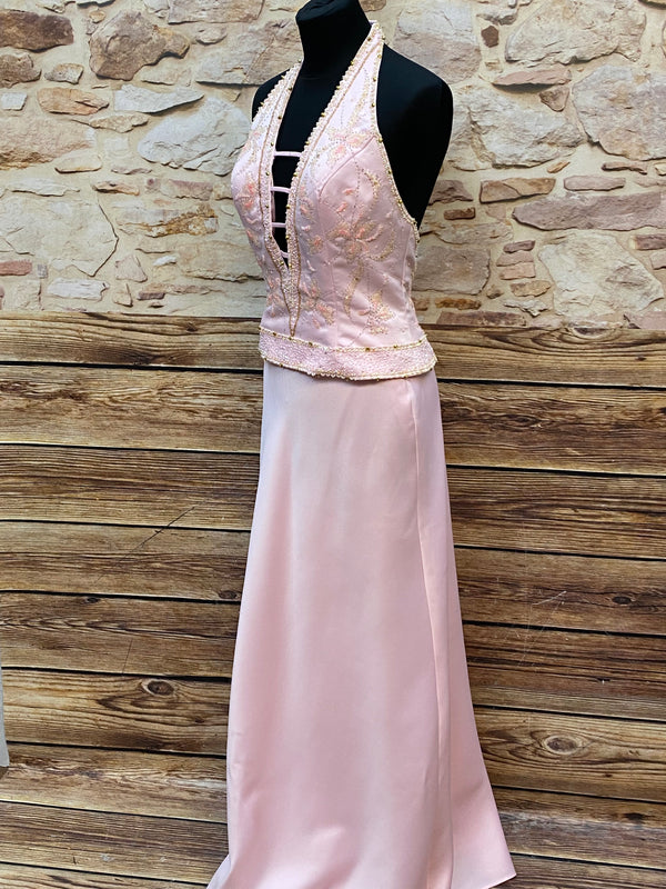 „Vintage Maxikleid rosé figurbetont festlich mit Stickerei“