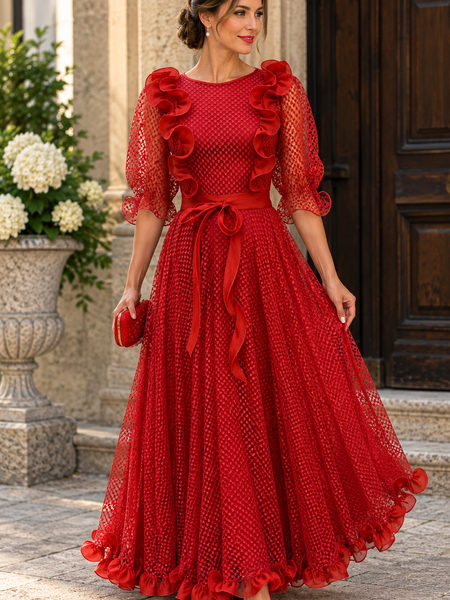 Langes rotes Vintage Abendkleid mit transparenten Ärmeln, Rüschenbesatz und Bindegürtel