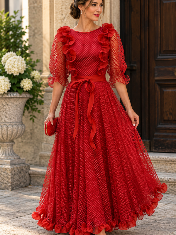 Langes rotes Vintage Abendkleid mit transparenten Ärmeln, Rüschenbesatz und Bindegürtel
