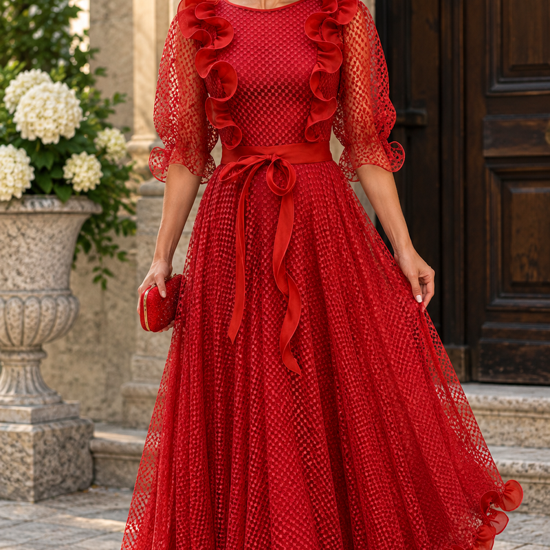 Langes rotes Vintage Abendkleid mit transparenten Ärmeln, Rüschenbesatz und Bindegürtel