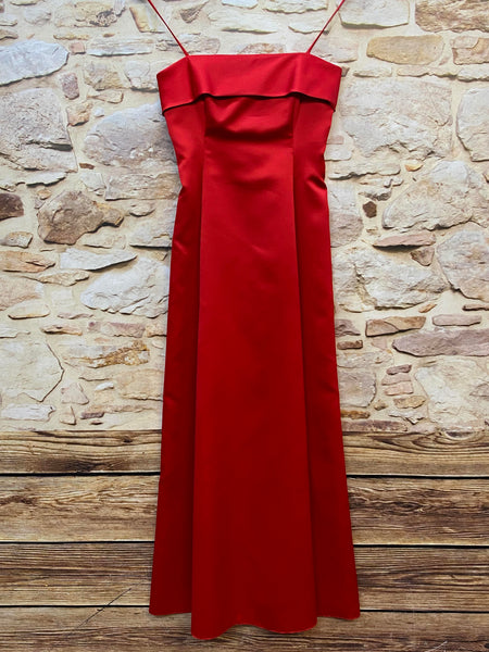 „Vintage rotes Satin Abendkleid lang mit Spaghettiträgern elegant“