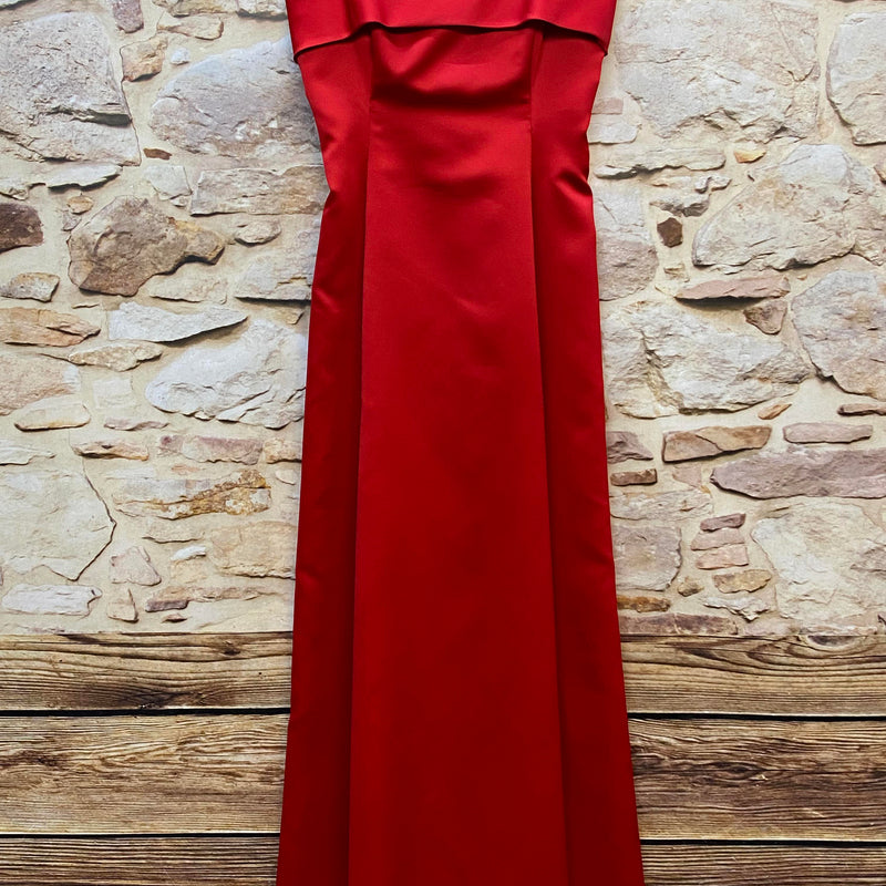 „Vintage rotes Satin Abendkleid lang mit Spaghettiträgern elegant“