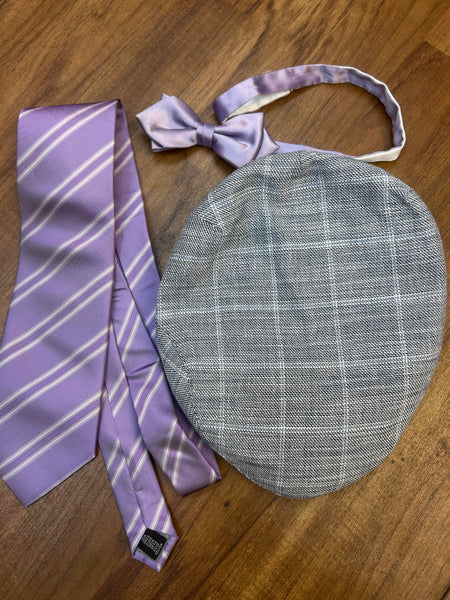 Vintage Accessoires Set mit Schiebermütze grau kariert, Fliege in Flieder und Seidenkrawatte von Tom Harrison.