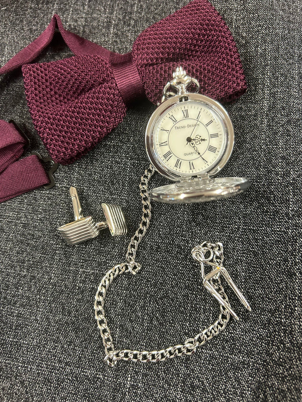 Silberne Taschenuhr mit Kette und Vintage Manschettenknöpfen