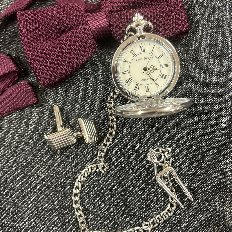 Silberne Taschenuhr mit Kette und Vintage Manschettenknöpfen