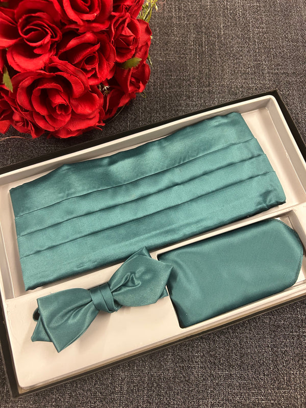 Vintage Herren-Accessoires Set – Kummerbund in Petrol mit Fliege, Einstecktuch & Taschenuhr