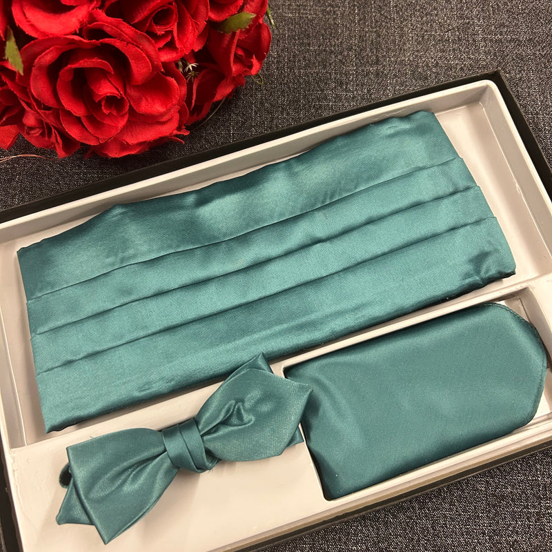 Vintage Herren-Accessoires Set – Kummerbund in Petrol mit Fliege, Einstecktuch & Taschenuhr