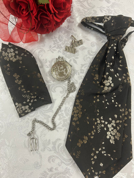 Vintage Accessoires Set mit Plastron, Einstecktuch, Manschettenknöpfen und Taschenuhr