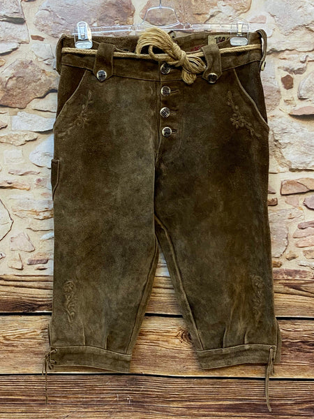 „Vintage Alphorn Lederhose braun Größe 50 mit Hornknöpfen und Kniebundform“